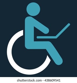 Wheelchair vector icon. Style is bicolor flat icon symbol with rounded angles, blue and white colors, dark blue background.