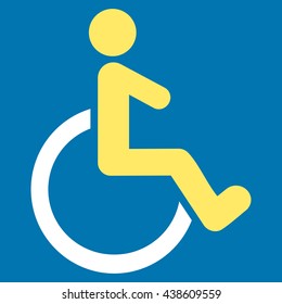 Wheelchair vector icon. Style is bicolor flat icon symbol with rounded angles, yellow and white colors, blue background.