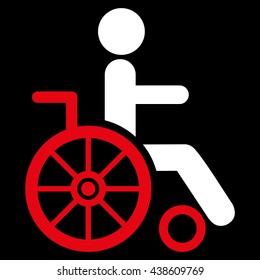 Wheelchair vector icon. Style is bicolor flat icon symbol with rounded angles, red and white colors, black background.