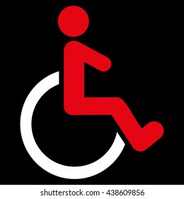 Wheelchair vector icon. Style is bicolor flat icon symbol with rounded angles, red and white colors, black background.