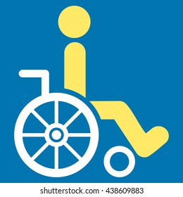 Wheelchair vector icon. Style is bicolor flat icon symbol with rounded angles, yellow and white colors, blue background.