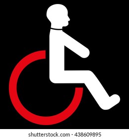 Wheelchair vector icon. Style is bicolor flat icon symbol with rounded angles, red and white colors, black background.