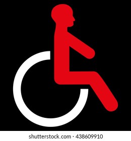 Wheelchair vector icon. Style is bicolor flat icon symbol with rounded angles, red and white colors, black background.