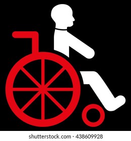 Wheelchair vector icon. Style is bicolor flat icon symbol with rounded angles, red and white colors, black background.