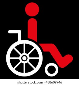 Wheelchair vector icon. Style is bicolor flat icon symbol with rounded angles, red and white colors, black background.