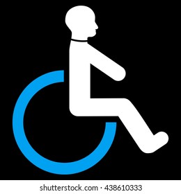 Wheelchair vector icon. Style is bicolor flat icon symbol with rounded angles, blue and white colors, black background.
