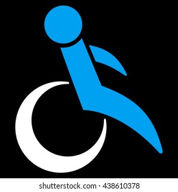 Wheelchair vector icon. Style is bicolor flat icon symbol with rounded angles, blue and white colors, black background.