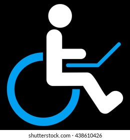 Wheelchair vector icon. Style is bicolor flat icon symbol with rounded angles, blue and white colors, black background.