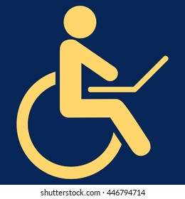 Wheelchair vector icon. Style is flat icon symbol with rounded angles, yellow color, blue background.