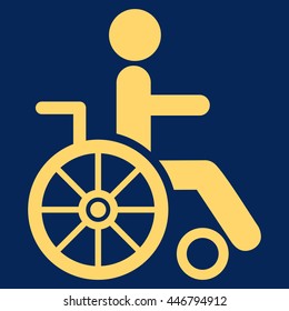 Wheelchair vector icon. Style is flat icon symbol with rounded angles, yellow color, blue background.