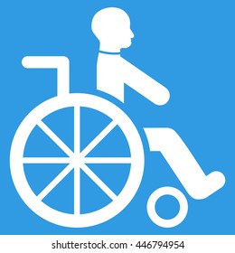 Wheelchair vector icon. Style is flat icon symbol with rounded angles, white color, blue background.