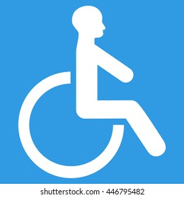 Wheelchair vector icon. Style is flat icon symbol with rounded angles, white color, blue background.
