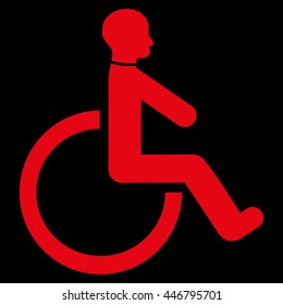 Wheelchair vector icon. Style is flat icon symbol with rounded angles, red color, black background.