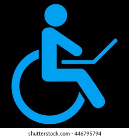 Wheelchair vector icon. Style is flat icon symbol with rounded angles, blue color, black background.