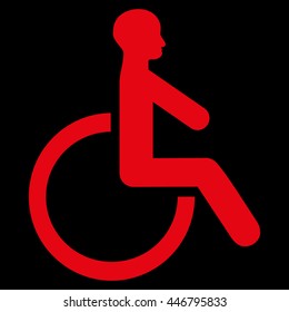 Wheelchair vector icon. Style is flat icon symbol with rounded angles, red color, black background.