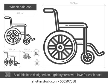 Icono de línea vectorial de silla de ruedas aislado en fondo blanco. Icono de línea de silla de ruedas para infografía, sitio web o aplicación. Icono escalable diseñado en un sistema de cuadrícula.