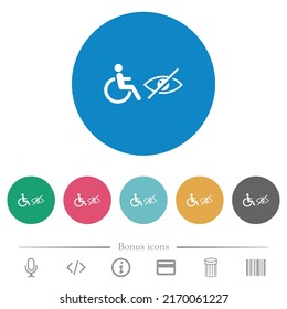 Wheelchair and visually impaired symbols flat white icons on round color backgrounds. 6 bonus icons included.