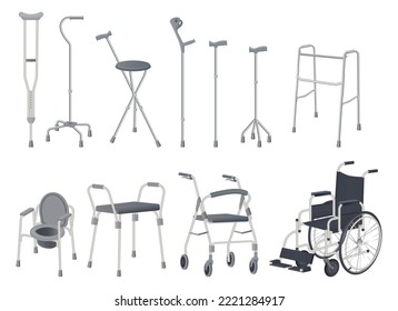 Wheelchair, walker and walking sticks.Crutches, strollers, walkers, portable toilet and walking sticks.Vector illustration.