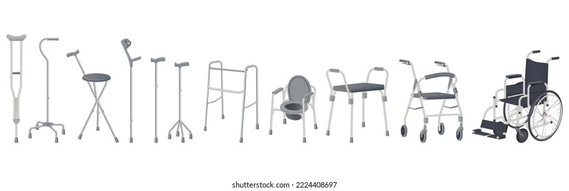 Wheelchair, walker and walking sticks.Crutches, strollers, walkers, portable toilet and walking sticks.Vector illustration.