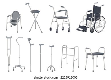 Wheelchair, walker and walking sticks.Crutches, strollers, walkers, portable toilet and walking sticks.Vector illustration.