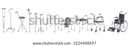 Wheelchair, walker and walking sticks.Crutches, strollers, walkers, portable toilet and walking sticks.Vector illustration.