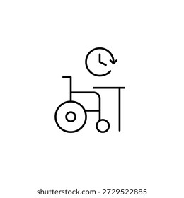 Rollstuhl am Schreibtisch und Uhr. Inklusivität am Arbeitsplatz, Remote-Zugriff. Pixel perfekt, bearbeitbares Strichvektorsymbol