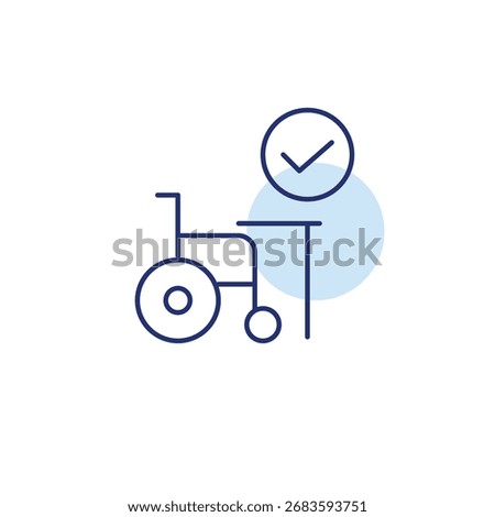 Wheelchair, work table and checkmark. Certified accessibility, inclusive workplace. Pixel perfect, editable stroke vector icon