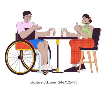 Wheelchaired arab man with friend in cafe 2D linear cartoon characters. Disabled male and hindu woman isolated line vector people white background. Diversity color flat spot illustration