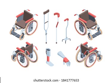 Wheelchairs rehabilitation means isometric. Modern crutches for locomotion artificial limb simulators medical special equipment people with disabilities comfortable orthopedic seats . Vector support.