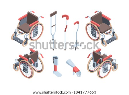Wheelchairs rehabilitation means isometric. Modern crutches for locomotion artificial limb simulators medical special equipment people with disabilities comfortable orthopedic seats . Vector support.