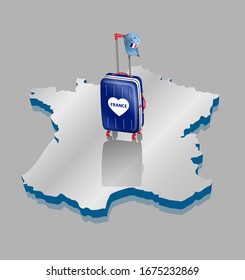 Wheeled bag with French cap over 3D France map for travel. All the objects are in different layers and the text types do not need any font. 