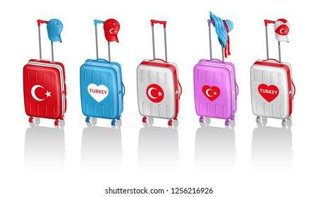 Wheeled bags with different Turkish hats for travel to Turkey. All the objects are in different layers and the text types do not need any font. 