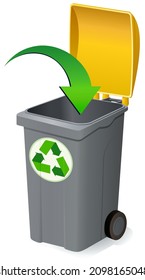 Wheeled bin with an open yellow lid with the round recycling symbol and a green arrow indicating the deposit for recycling on a white background