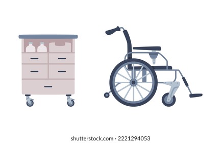 Wheeled Cabinet with Medication and Wheelchair as Medical Equipment and Assistance Device Vector Set