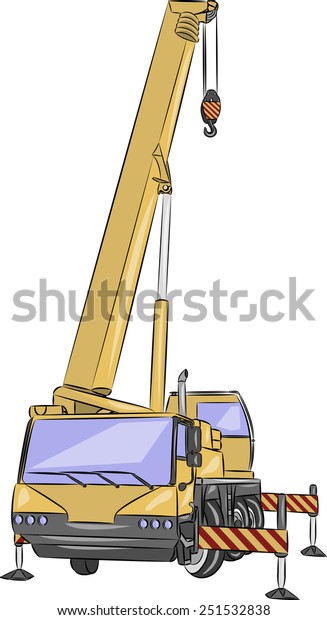 Wheeled car crane in working position\
isolated on white\
background.