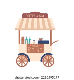 Wheeled Coffee Booth in Retro Style With Apron, Compact, Mobile Design For Outdoor Events And Festivals, Illustration