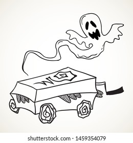 Wheeled coffin and flying ghost. Hand drawn Halloween celebration design element symbol. Vector illustration in black isolated over white.