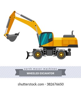 Wheeled excavator. Heavy equipment vehicle isolated color vector illustration.