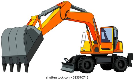 Wheeled excavator, isolated on white, vector illustration