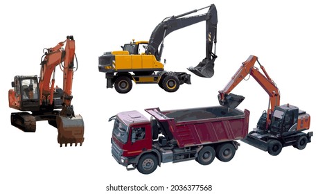 A wheeled excavator loads the earth into a dump truck, top view. Wheeled excavator, side view. Crawler excavator, angle view. Construction equipment set isolated on white background. Vector, eps10.