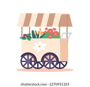 Wheeled Flower Shop Booth Displaying Various Colorful Fresh Flowers And Plants. Isolated Element For Florists Store