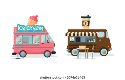 Wheeled Food Truck Selling Coffee and Ice Cream as Street Snack Restaurant Vector Set