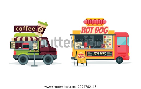 Wheeled Food Truck Selling Coffee and Hot Dog\
as Street Snack Restaurant Vector\
Set