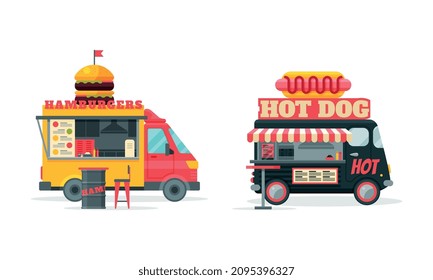 Wheeled Food Truck Selling Hamburger and Hot Dog as Street Snack Restaurant Vector Set