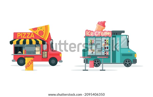 Wheeled Food Truck Selling Pizza and Ice Cream\
as Street Snack Restaurant Vector\
Set