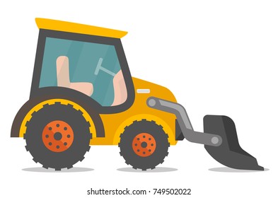Wheeled loader excavator with a steel scoop. Construction machinery equipment. Vector cartoon illustration isolated on white background.