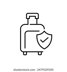 Wheeled luggage, checkmark and shield. Secure travel, insurance and checked baggage. Pixel perfect vector icon