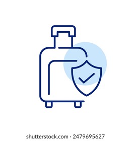 Wheeled luggage, checkmark and shield. Secure travel, insurance and checked baggage. Pixel perfect, editable stroke icon