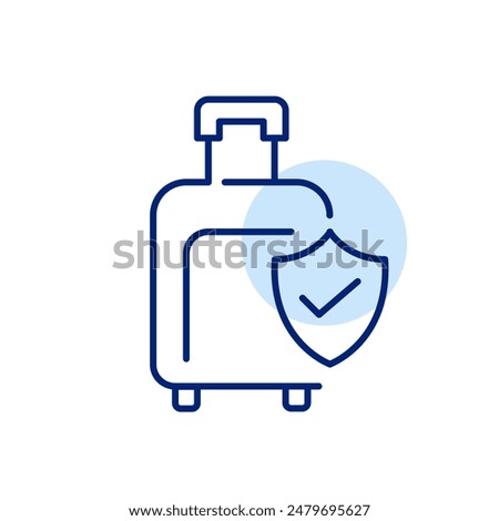 Wheeled luggage, checkmark and shield. Secure travel, insurance and checked baggage. Pixel perfect, editable stroke icon