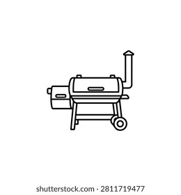 Wheeled offset smoker with horizontal cooking chamber, side firebox and tall chimney for slow barbecue preparation outdoors